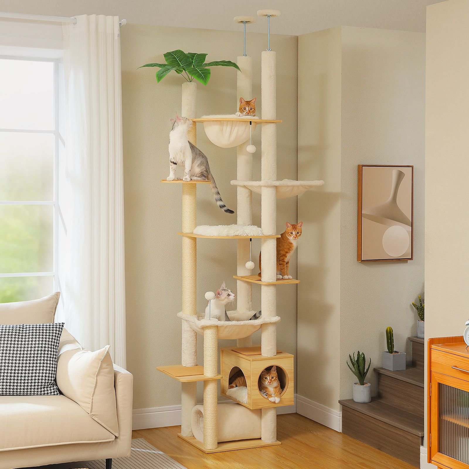 004_07.jpg Deluxe Wood Adjustable Floor to Ceiling Cat Tree - Beige - Image 1
