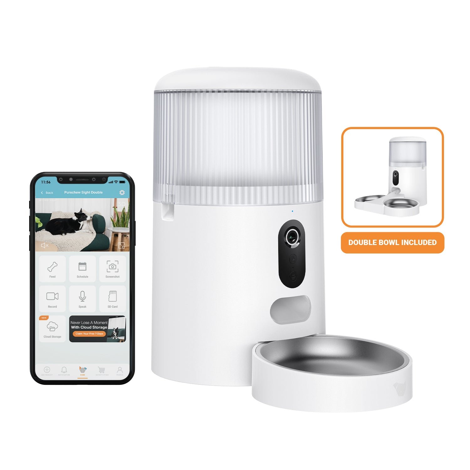 01_Purechew_Sight_Double_Listing_Image.jpg Sight Double 4L Bowl Smart App Enabled Feeder for Cats and Dogs - Image 1