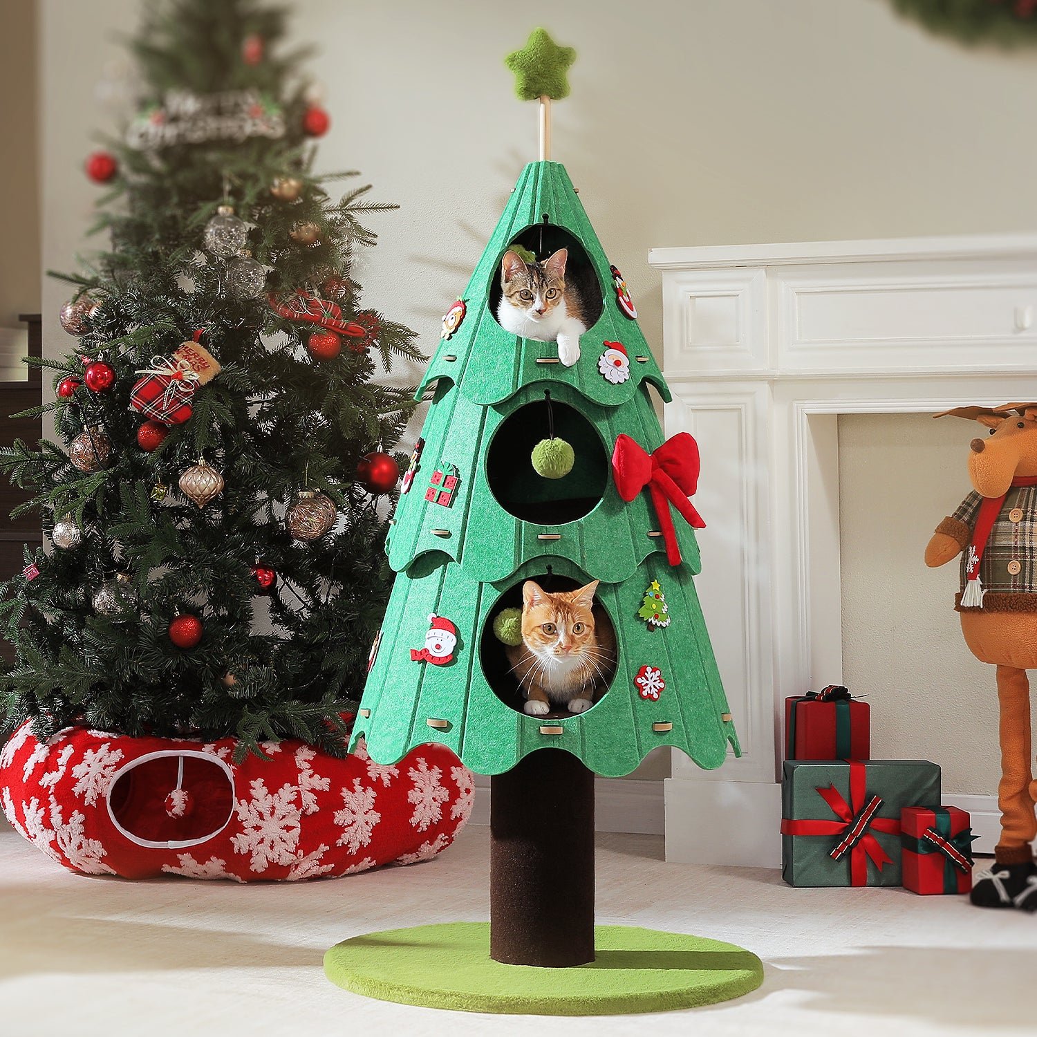1._3_1b8c4161-0940-4b55-9872-112d23b19e88.jpg 53-Inch Christmas Cat Tree for Indoor Cats, Cat Tower with 3 Condos&4 Pompoms, Multi-Cat Furniture with Holiday Felt Stickers, Activity Center, Green - Image 1