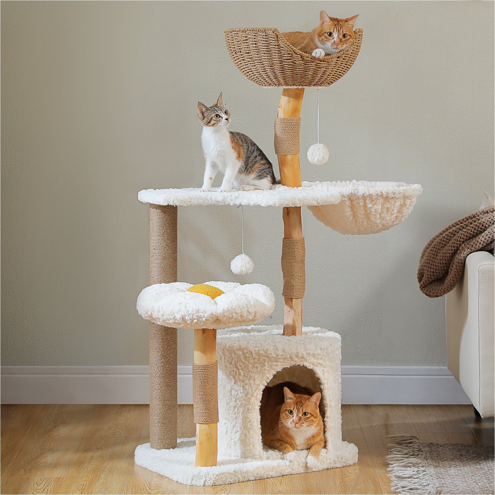1600-1.jpg 48.5'' Modern Cat Tree Solid Wood Cat Tower for Indoor Cats with Luxury Cat Condo, Cozy Hammock, Scratching Post, Rattan Perch and Flower Cat Bed for Large Cats Adult, White - Image 1