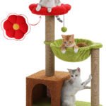 Flower Cat Tree with Sisal Scratching Posts, 36.6" Cute Cat Tower with Large Green Hammock for Small Indoor Cats, Cat Condo with Removable Flower Bed for Kittens