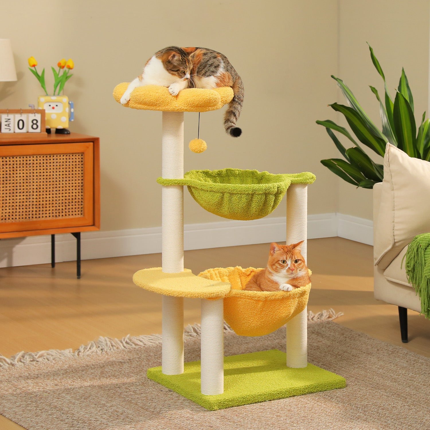 AMT0370YE-1500.jpg 37.4" Cat Tower with Hammocks & Scratching Posts – FSC Wood, Compact Design - Image 1