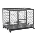 Heavy Duty Dog Cage Metal Kennel and Crate Dog Playpen with Lockable Wheels, Slide-out Tray, Food Bowl and Double Doors