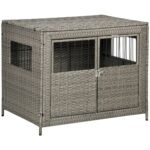 Rattan Dog Crate with Double Doors, Wicker Dog Cage with Soft Washable Cushion, Dog Kennel Furniture for Medium to Large Sized Dogs, Grey