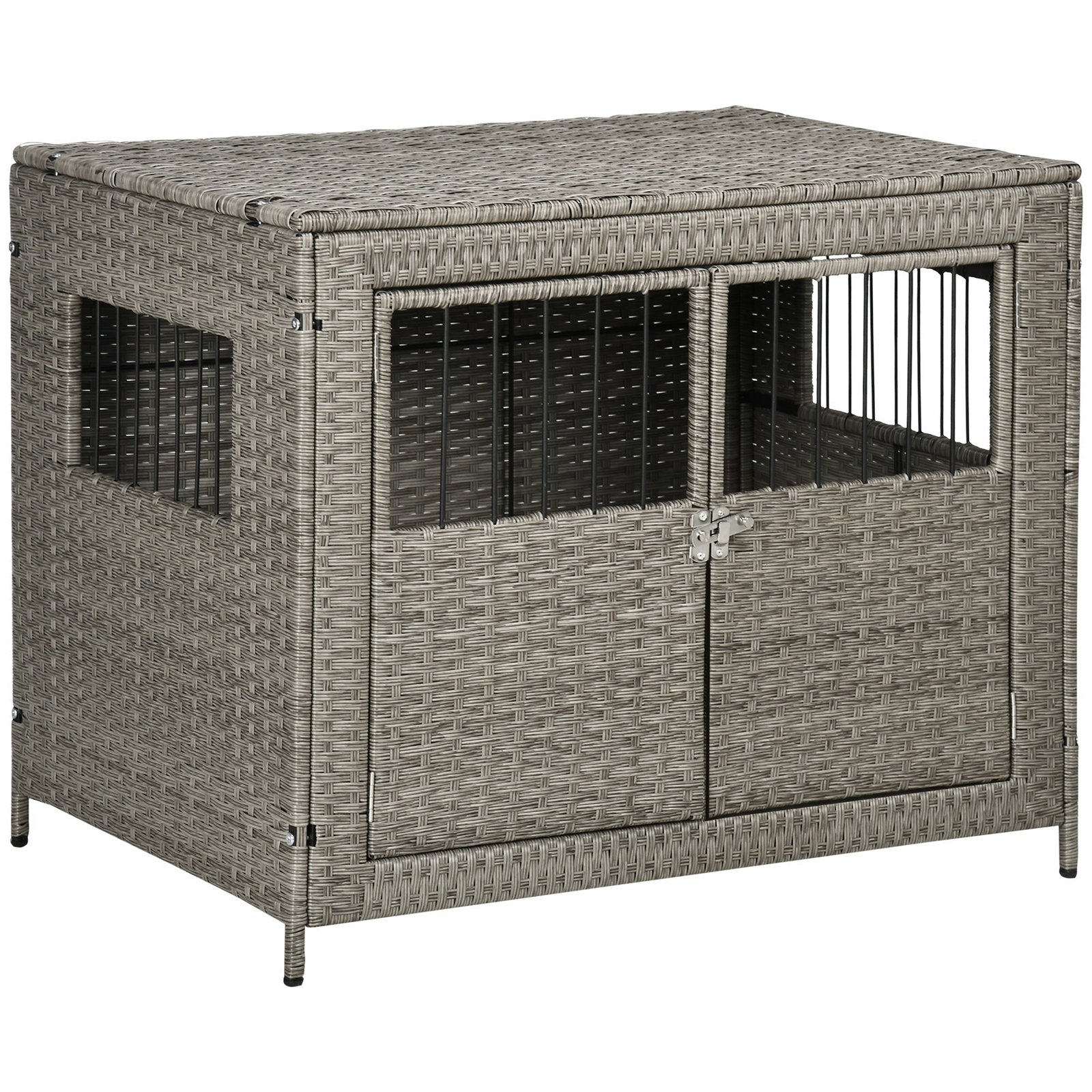 1yQ98a18459cd5ebd Rattan Dog Crate with Double Doors, Wicker Dog Cage with Soft Washable Cushion, Dog Kennel Furniture for Medium to Large Sized Dogs, Grey - Image 1