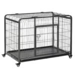 Heavy Duty Metal Dog Crate Pet Cage & Kennel with Removable Tray 4 Wheels & Folding Design Indoor Grey