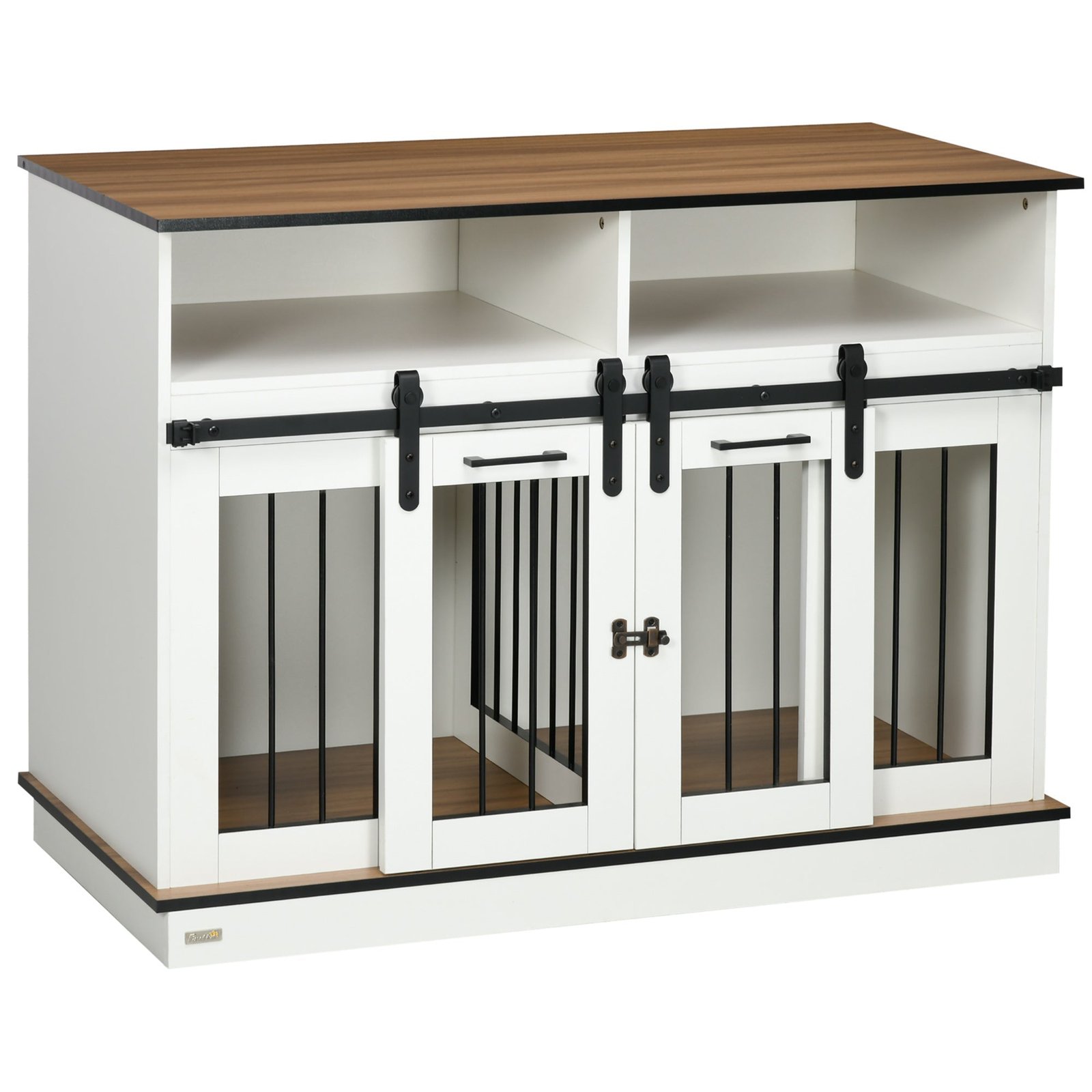 ELM98a187c1836fb5 Dog Crate Furniture for Large Dogs, Double Dog Kennel for Small Dogs with Shelves, Sliding Doors, 47" x 23.5" x 35", White - Image 1