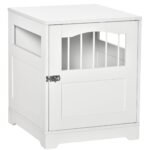 Furniture Stylish Dog Kennel, Wooden & Wire End Table with Cushion & Lockable Door, Miniature Size Pet Crate Indoor Puppy Cage, White