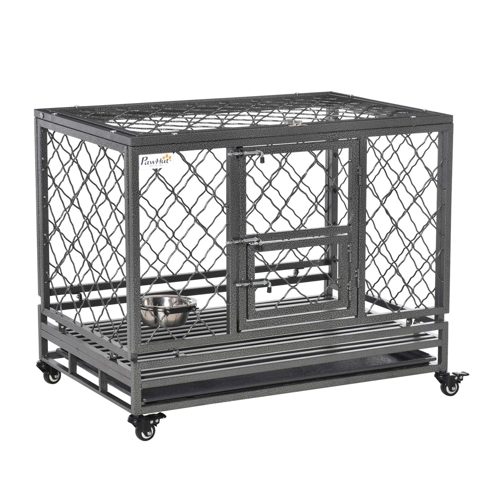 O0p03a17e6be9f8bb Heavy Duty Dog Cage Metal Kennel and Crate Dog Playpen with Lockable Wheels, Slide-out Tray, Food Bowl and Double Doors - Image 1