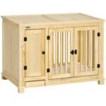 Wooden Dog Crate, Indoor Dog Kennels with Cushion Drawer Bowl Storage for Small Dogs, 37.5" x 23" x 27.5", Natural