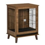 Stylish Dog Kennel, Wooden & Wire End Table Furniture with Cushion & Lockable Magnetic Doors, Small Size Pet Crate Indoor Animal Cage, Brown