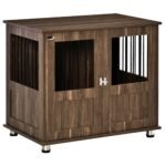 Furniture Style Dog Crate, Wooden & Wire End Table, Small & Medium Pet Crate with Magnetic Double Door Indoor Decorative Dog Kennel Cage, Brown