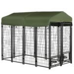 Outdoor Dog Kennel, Lockable Pet Playpen Crate, Welded Wire Steel Fence, with Water-, UV-Resistant Canopy, Rotating Bowl Holders, Door
