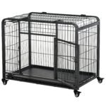 Metal Dog Crate Heavy Duty Kennel with Removable Tray 4 Wheels & Folding Design Grey