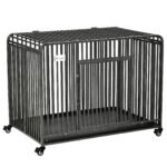 43" Heavy Duty Dog Cage, Foldable Steel Crate Kennel with Removable Tray, Double Doors, 4 Lockable Wheels for Medium & Large Dogs, Dark Silver