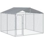 Outdoor Metal Dog Kennel, Pet Playpen with Steel Lock, Mesh Sidewalls and Cover for Backyard & Patio, 9.8' x 9.8' x 7.7'