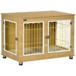 Dog Crate Side End Table Indoor with Soft Cushion, Double Doors, for Medium Large Dogs