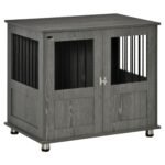 Stylish Dog Kennel, Wooden End Table Furniture with Cushion & Lockable Magnetic Doors, Small Size Pet Crate Indoor Animal Cage, Grey
