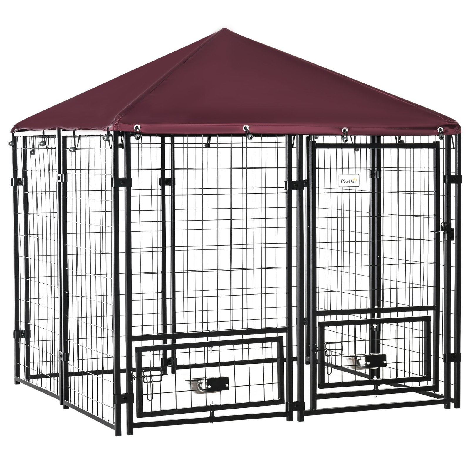 xWO98a17f2768fdbb Indoor/Outdoor Metal Dog Kennel, Dog House with Lock, Weather Resistant Canopy and 2 Bowl Holders and Bowls, 4.6' x 4.6' x 5', Black / Red - Image 1