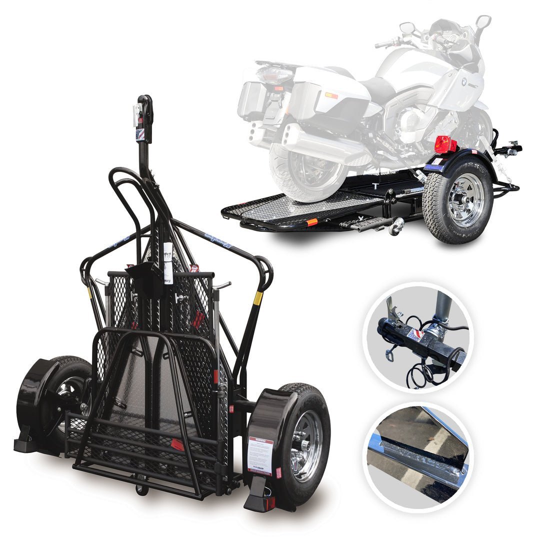 1-MainImage_1080x_e54b701a-ea97-4e05-8f9b-895e564dda4d Go! Series Single Rail Folding Motorcycle Trailers – Deluxe Chrome Wheels Balanced