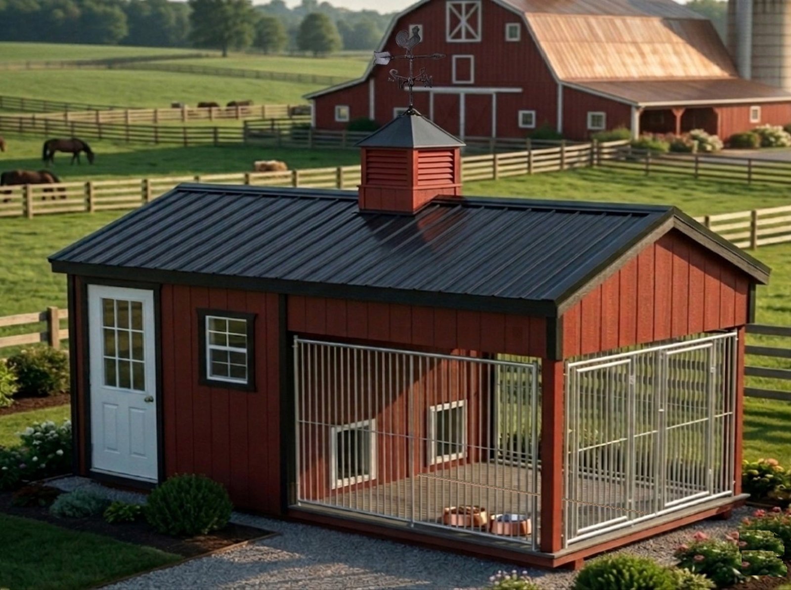 8x16RedGrayFront2 Executive Luxury Double Dog Box and Kennel With Storage 8' x 16' - Image 1