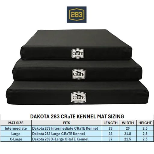 Three black kennel mats of different sizes with Crate & Gate logo and sizing chart on a white background.